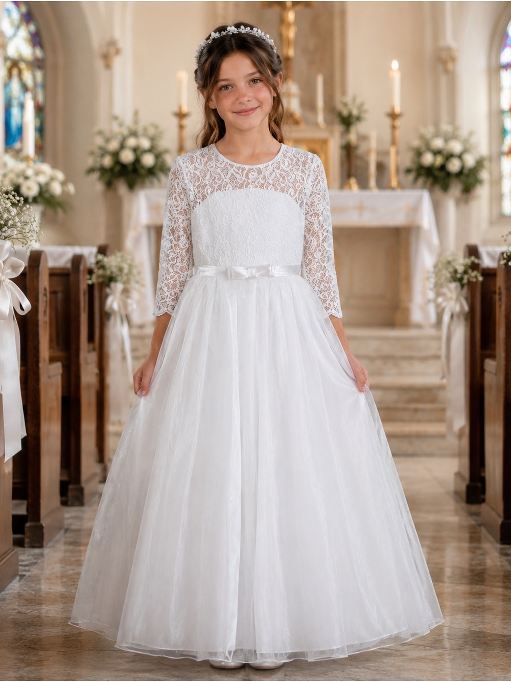 White Lace & Tulle Flower Girl Dress with Bow